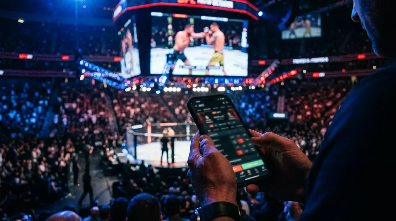 Pantalla de smartphone mostrando apuestas en vivo durante un evento de UFC