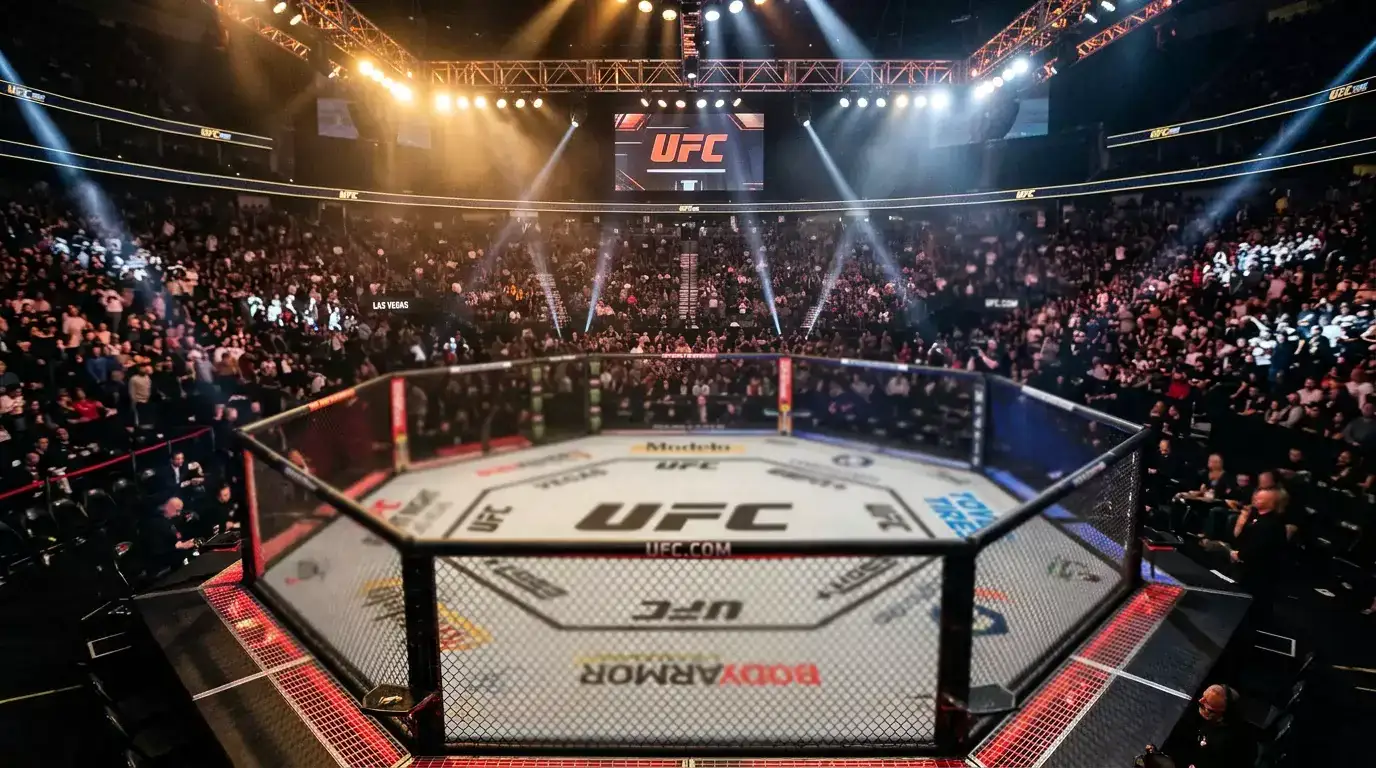 Octágono de la UFC iluminado antes de un combate de MMA con público en las gradas