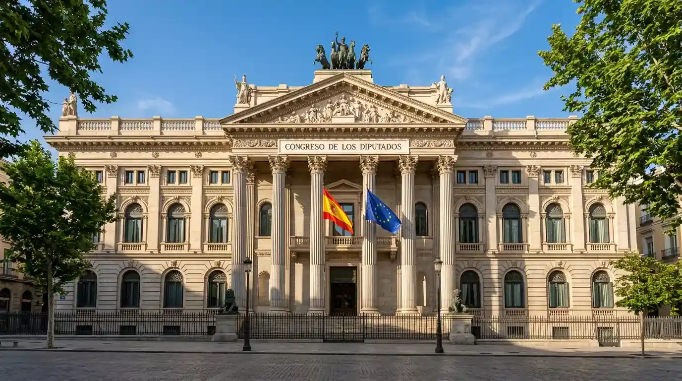 Fachada de un edificio institucional en España con la bandera europea y española representando la regulación del juego