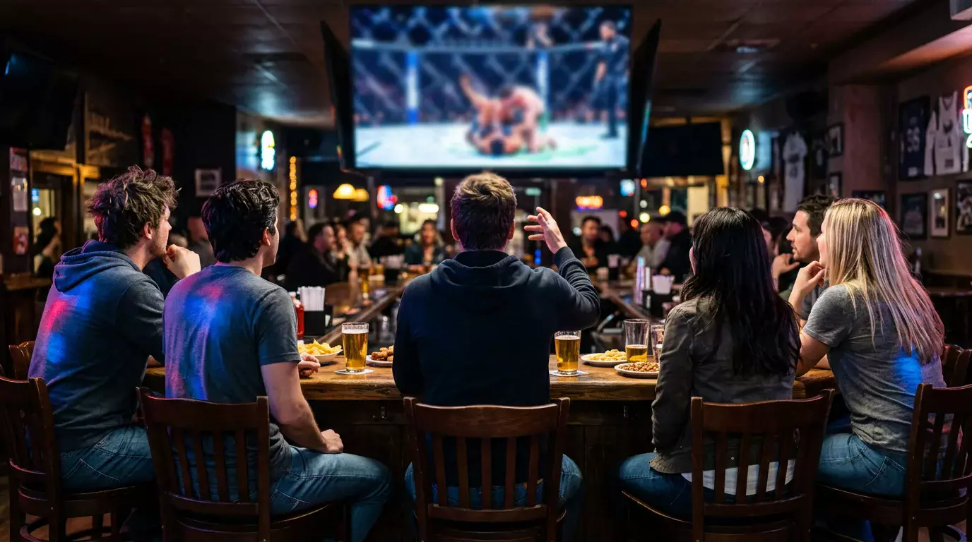 Espectadores viendo un evento de UFC en una pantalla grande en un bar deportivo con cuotas de apuestas visibles