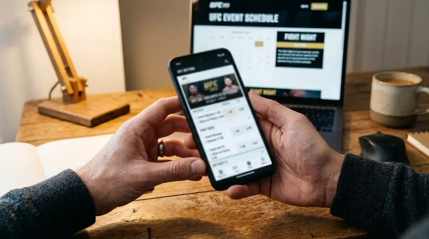 Pantalla de operador de apuestas mostrando mercados de un combate de UFC con cuotas moneyline y over under
